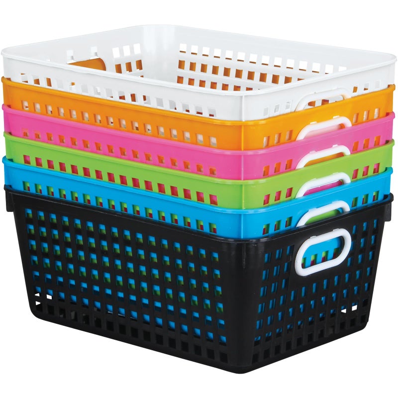 Really Good Stuff Large Plastic Storage Baskets with Handles, 13.75" x 9.75" x 5", Neon Group Colors, for Books & Supplies, Organize Classroom & Home - Image 1